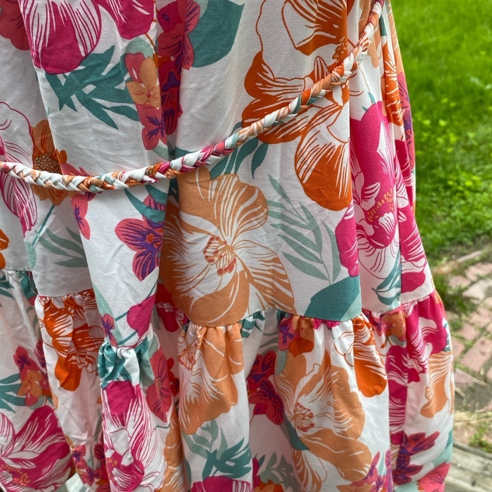 Rachel Zoe Pink Orange Rayon Mini Dress Ruffled Rope Belt Size Medium - Picture 10 of 15
